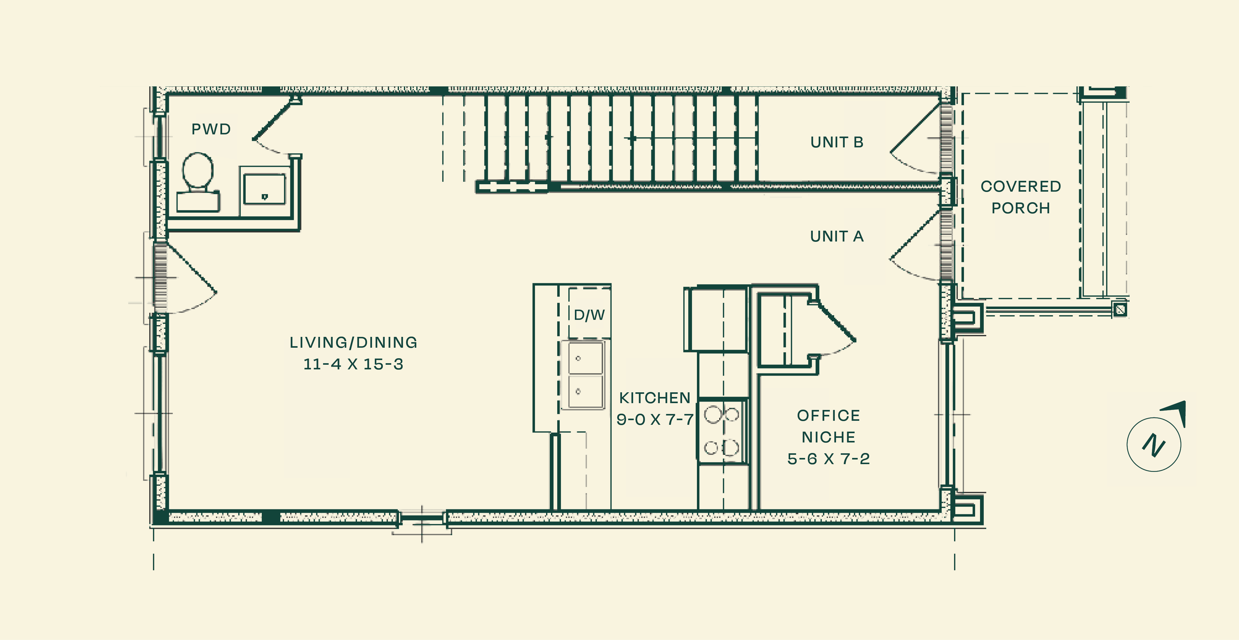 The Glen Level 2 floor plan &mdash; 2-bedroom + den lower stacked townhome for rent, Haravale Towns, Kitchener