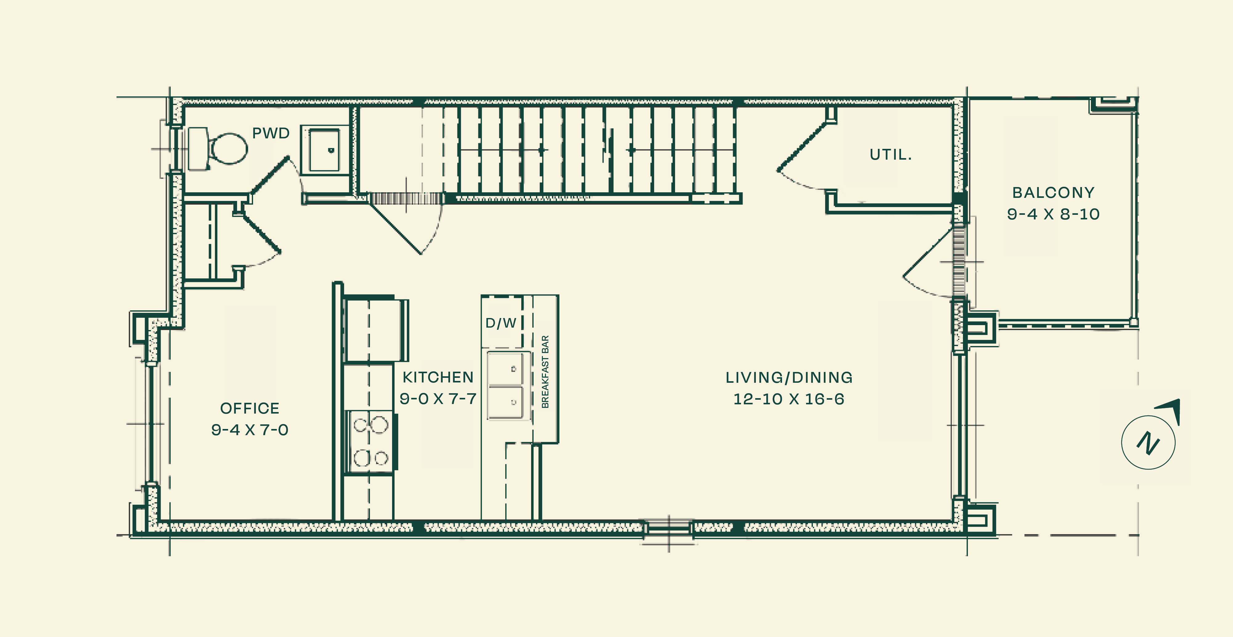 The Grove Level 1 floor plan &mdash; 2-bedroom + den upper stacked townhome for rent, Haravale Towns, Kitchener