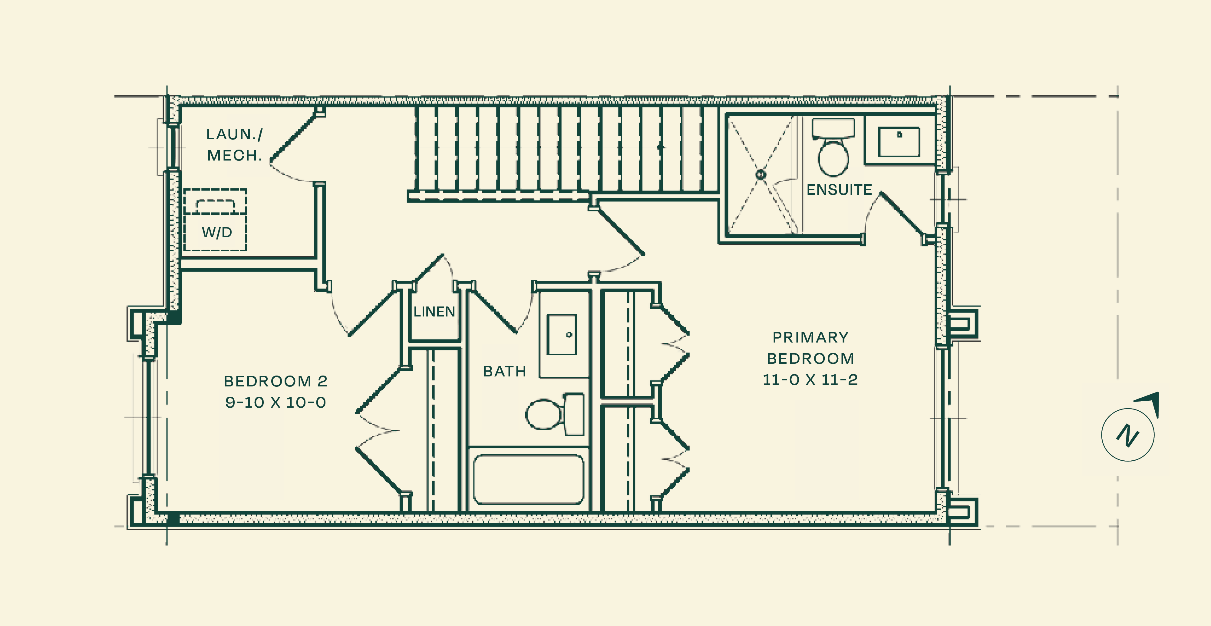 The Grove Level 2 floor plan &mdash; 2-bedroom + den upper stacked townhome for rent, Haravale Towns, Kitchener